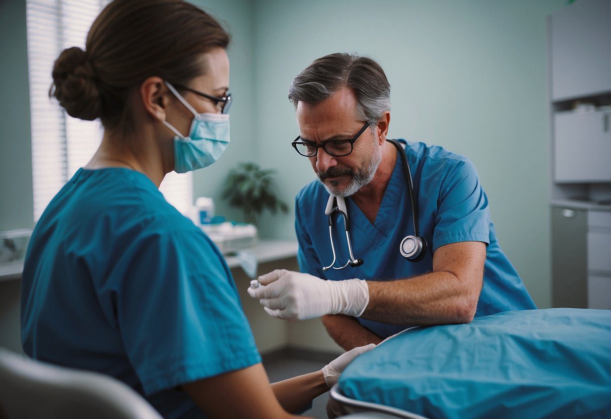 A doctor administers a vaccine to a patient in a clean, well-lit clinic