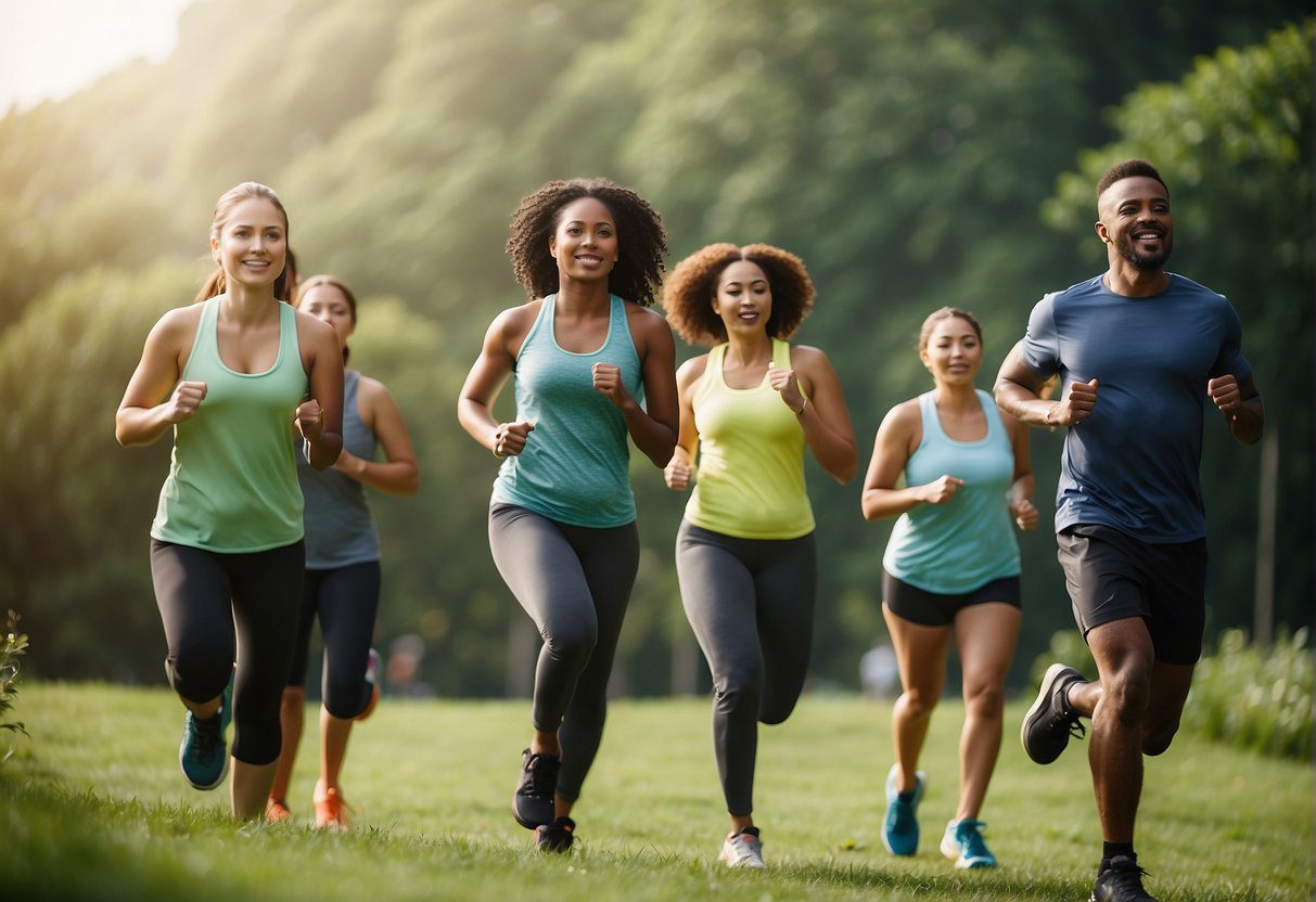 A group of diverse individuals engage in physical activity outdoors, surrounded by greenery and fresh air, promoting health and preventing disease