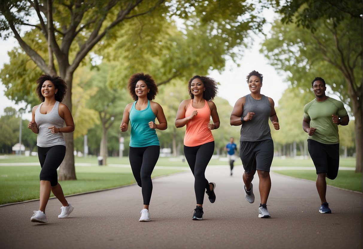 A group of diverse individuals engage in healthy lifestyle activities, such as exercise and healthy eating, while receiving education and support in a welcoming environment