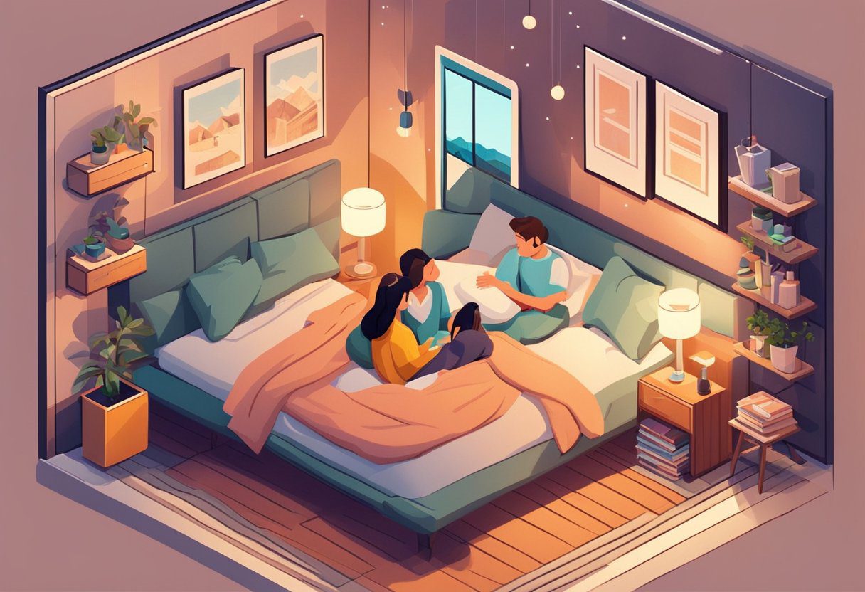 A couple laughing and hugging in a cozy bedroom, surrounded by soft lighting and romantic decor, expressing love and connection