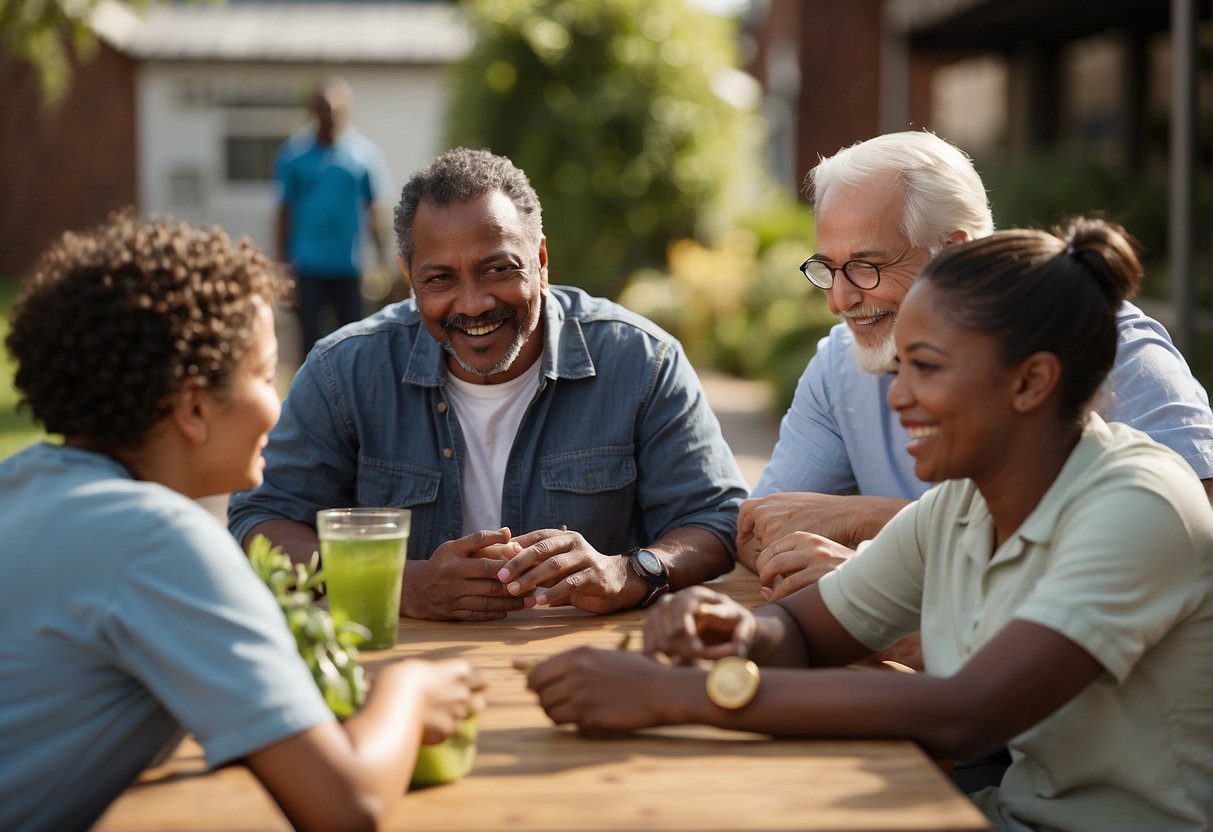 A diverse group of people in a community setting, with a focus on outreach and education about preventive measures for high-risk populations