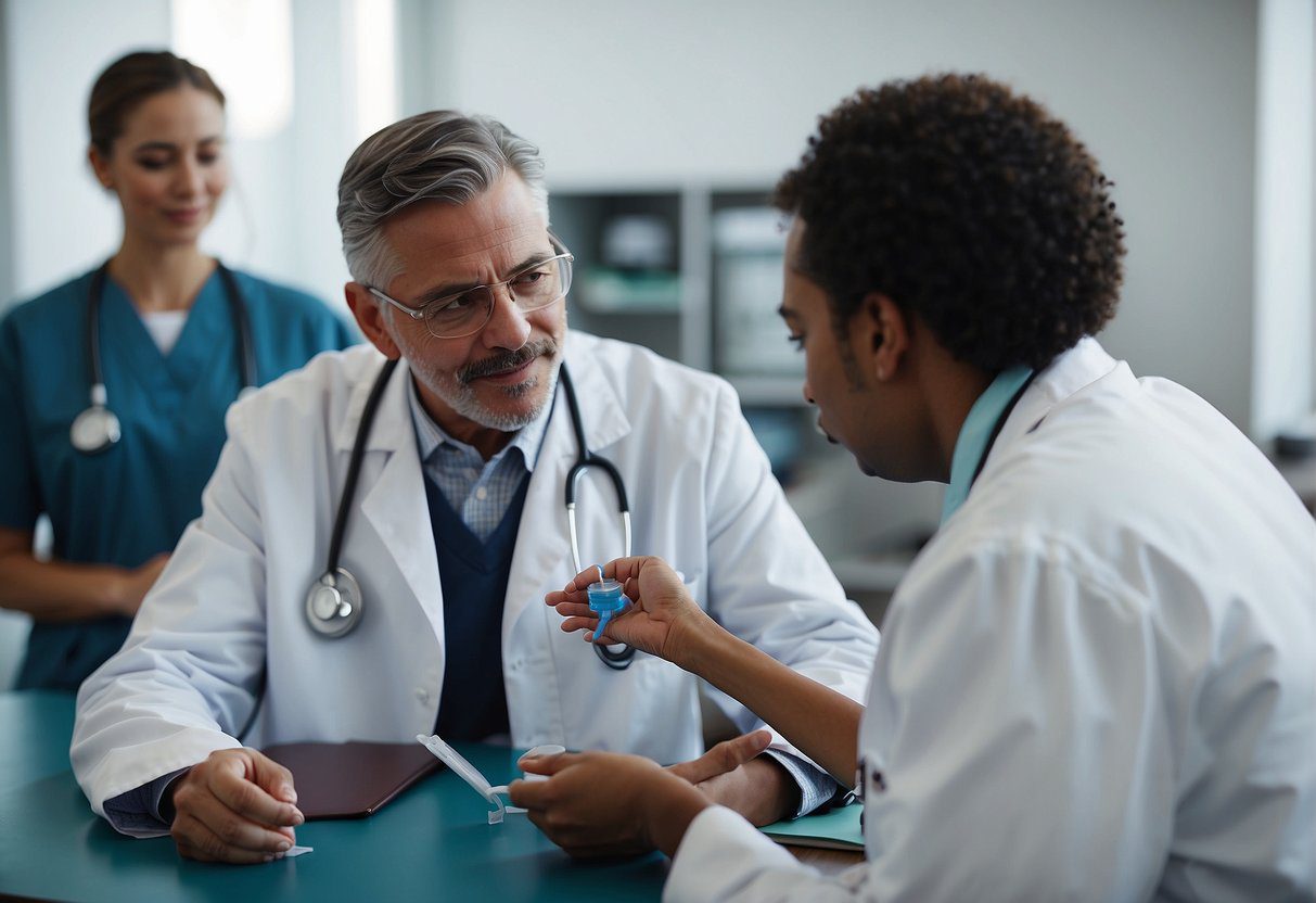 A doctor administers a vaccine to a patient, while other healthcare professionals provide education and counseling on preventive measures