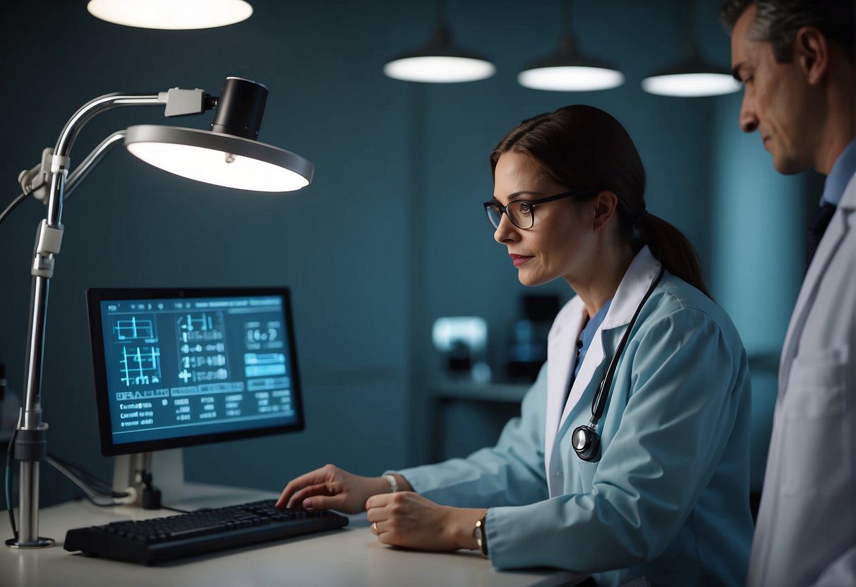 A doctor is conducting a screening test on a patient, using medical equipment to detect early signs of disease