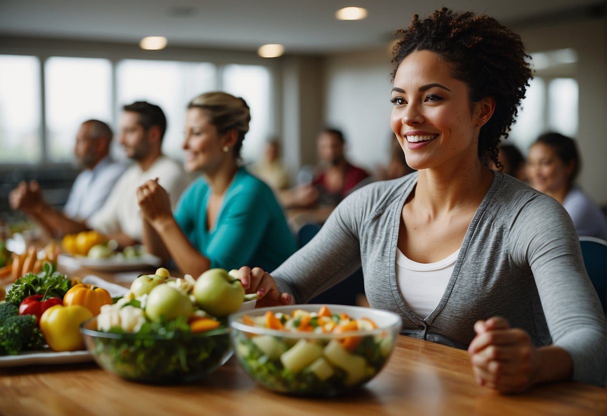 A person exercising, eating healthy, and attending a support group to reduce health risks