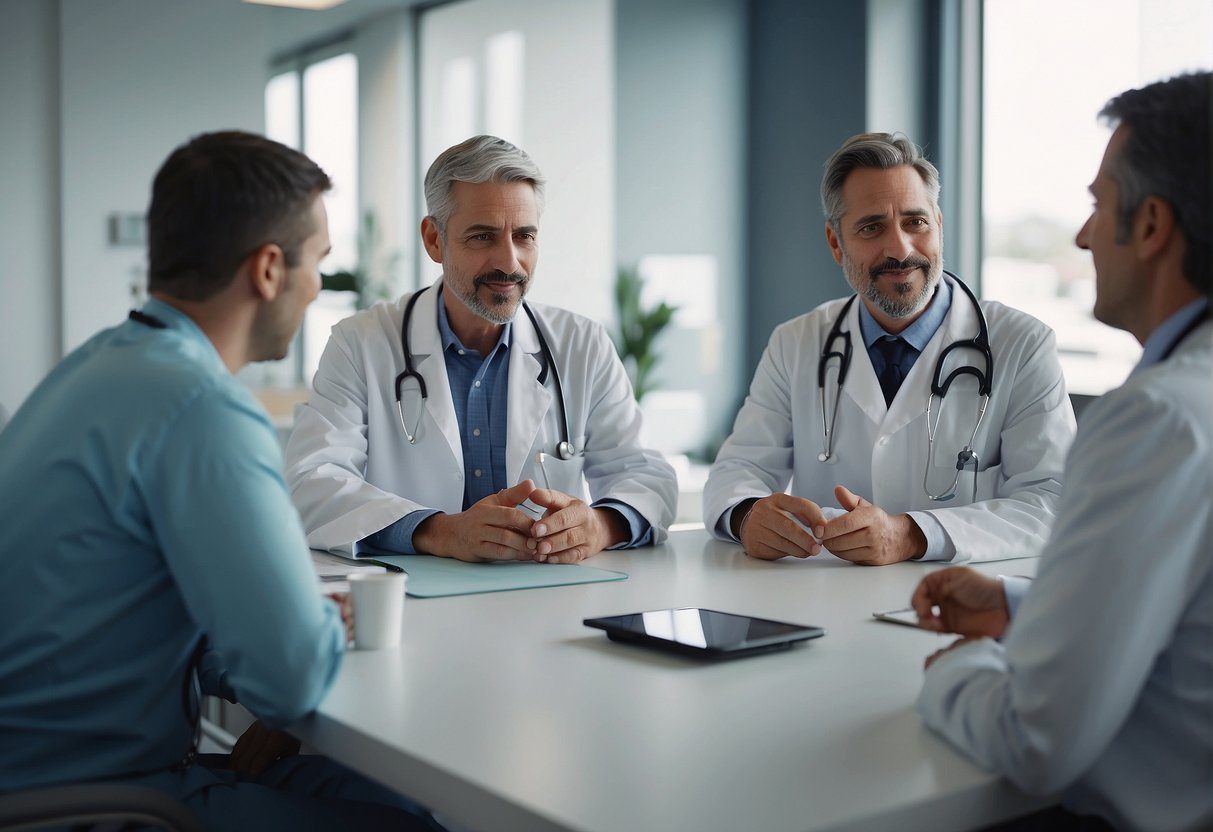 A doctor discussing preventive medicine with a group of engaged patients in a bright, modern clinic setting