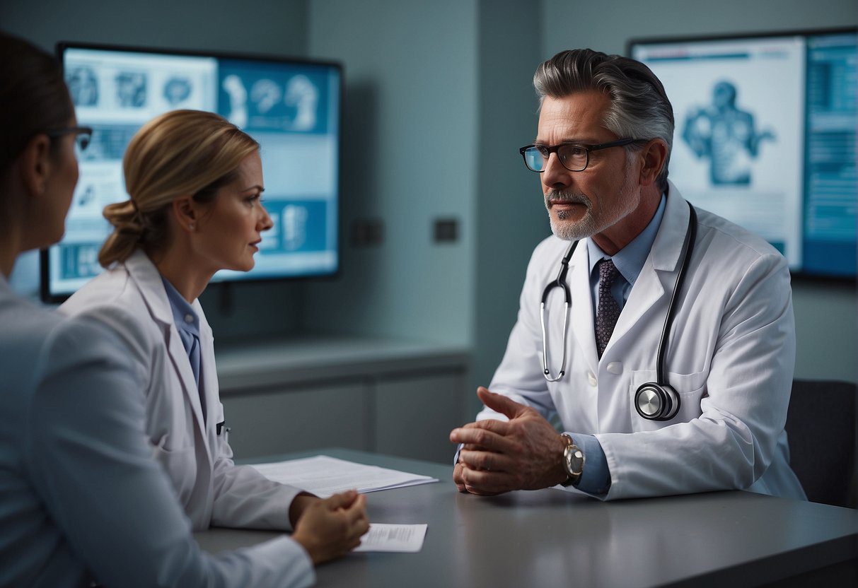 A doctor educates patients on overmedicalization in a modern clinic setting, surrounded by medical equipment and informational posters