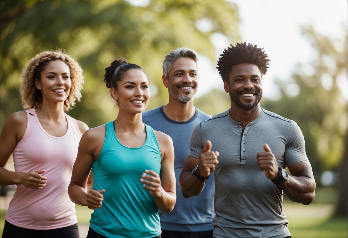 A group of people engaging in healthy lifestyle activities, such as exercise, healthy eating, and regular check-ups, to prevent the progression of diseases