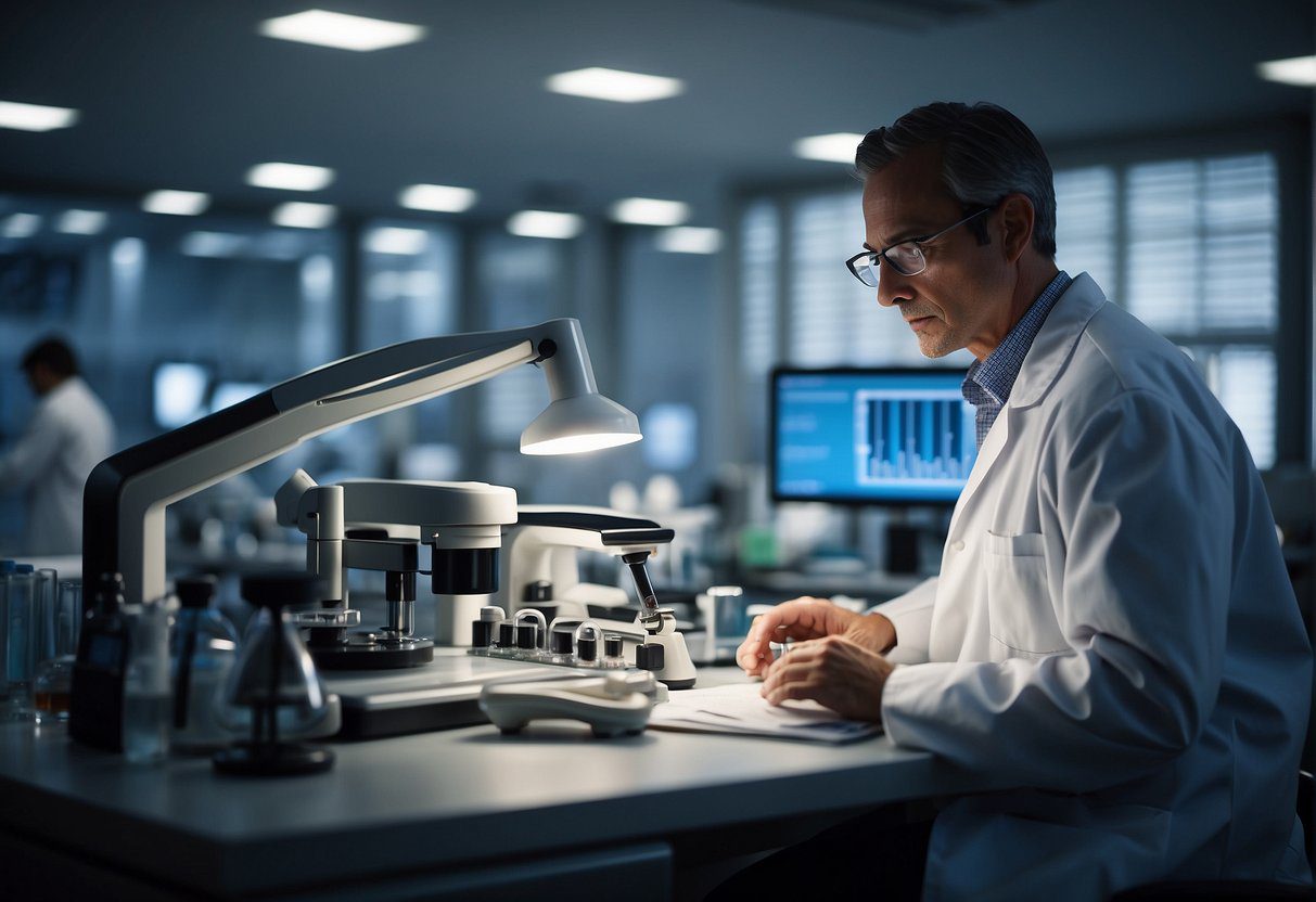 A scientist conducts research in a lab, surrounded by medical equipment and data charts, focusing on tertiary prevention in preventive medicine