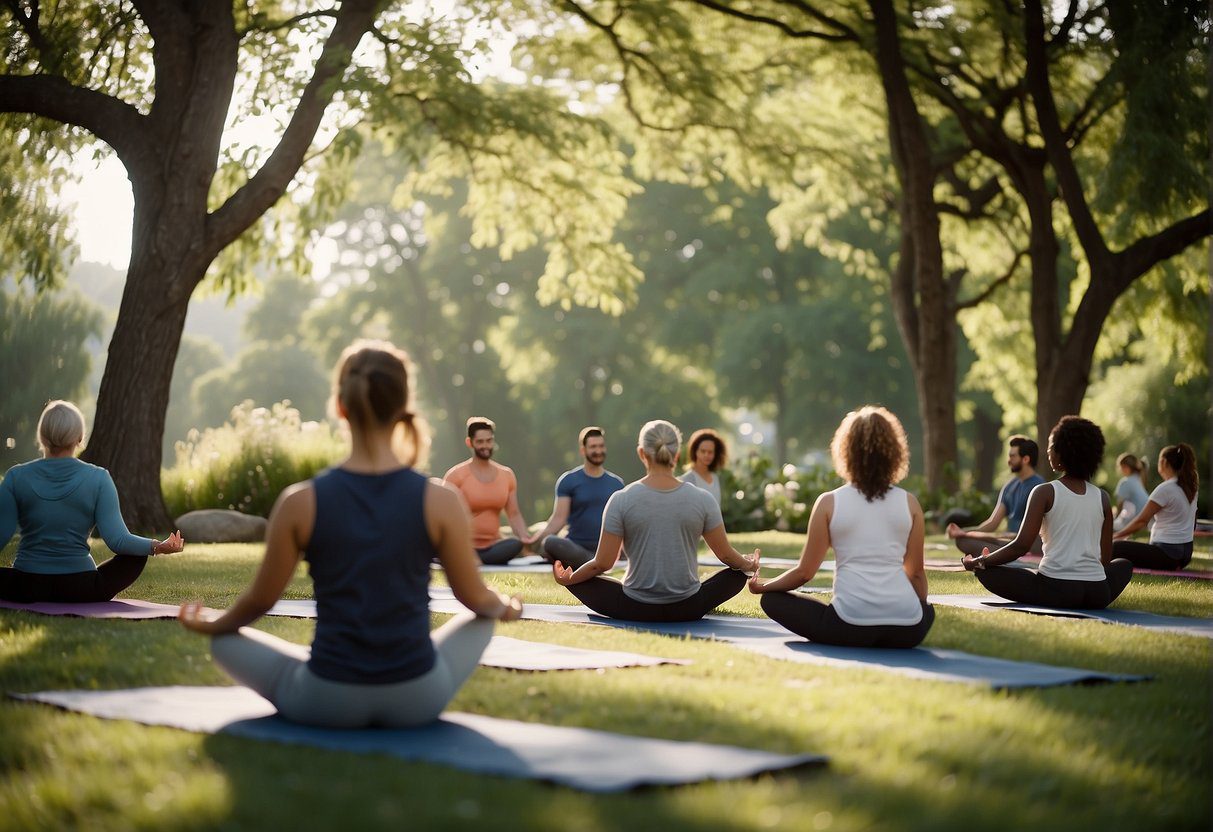 A serene park setting with a group engaging in outdoor activities, such as yoga, walking, and healthy eating, surrounded by greenery and nature