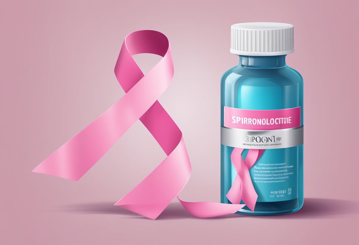 A bottle of spironolactone sits next to a breast cancer awareness ribbon, symbolizing the potential link between the medication and the disease