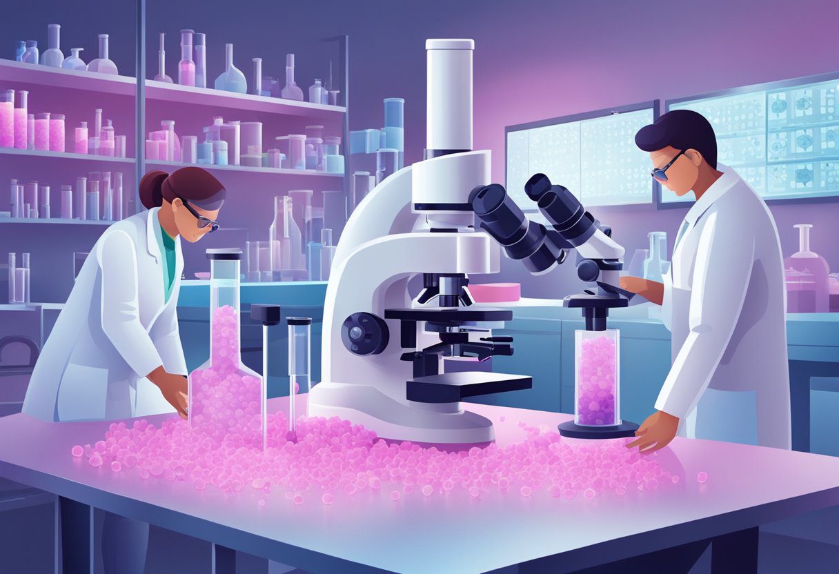 A laboratory setting with spironolactone and breast cancer cells under a microscope, with researchers analyzing data and conducting experiments