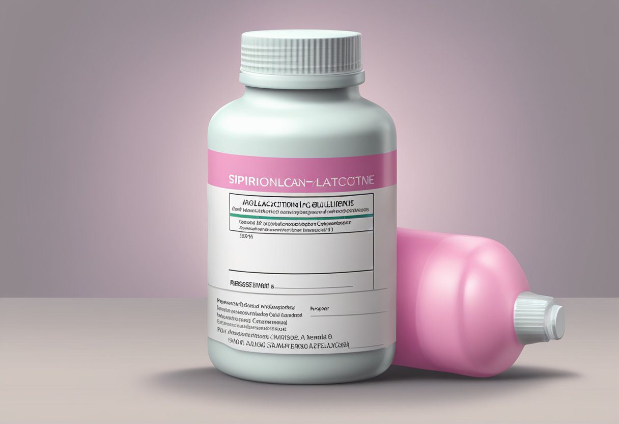 A bottle of spironolactone with a label indicating regulatory approval and guidelines for use in relation to breast cancer treatment