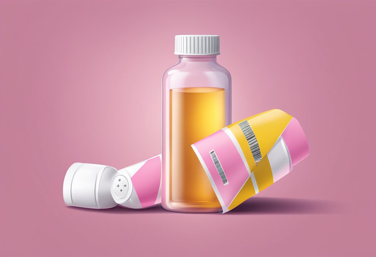 A bottle of spironolactone with a warning label, and a breast cancer awareness ribbon in the background