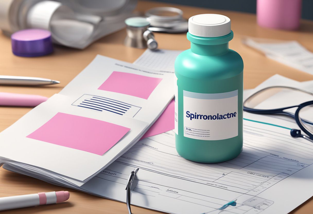 A bottle of spironolactone with breast cancer research papers and a doctor's prescription on a desk