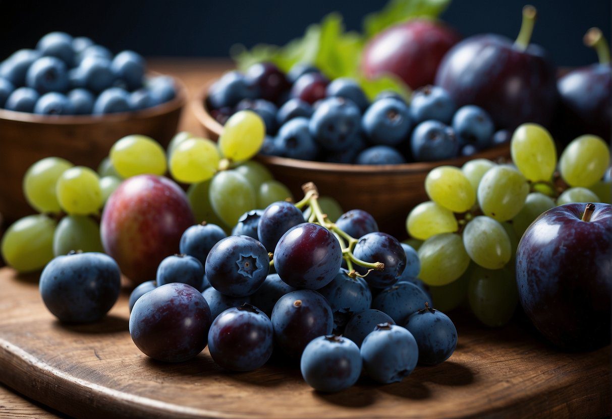 A table filled with various shades of blue fruits, such as blueberries, grapes, and plums, arranged in an artistic and visually appealing manner