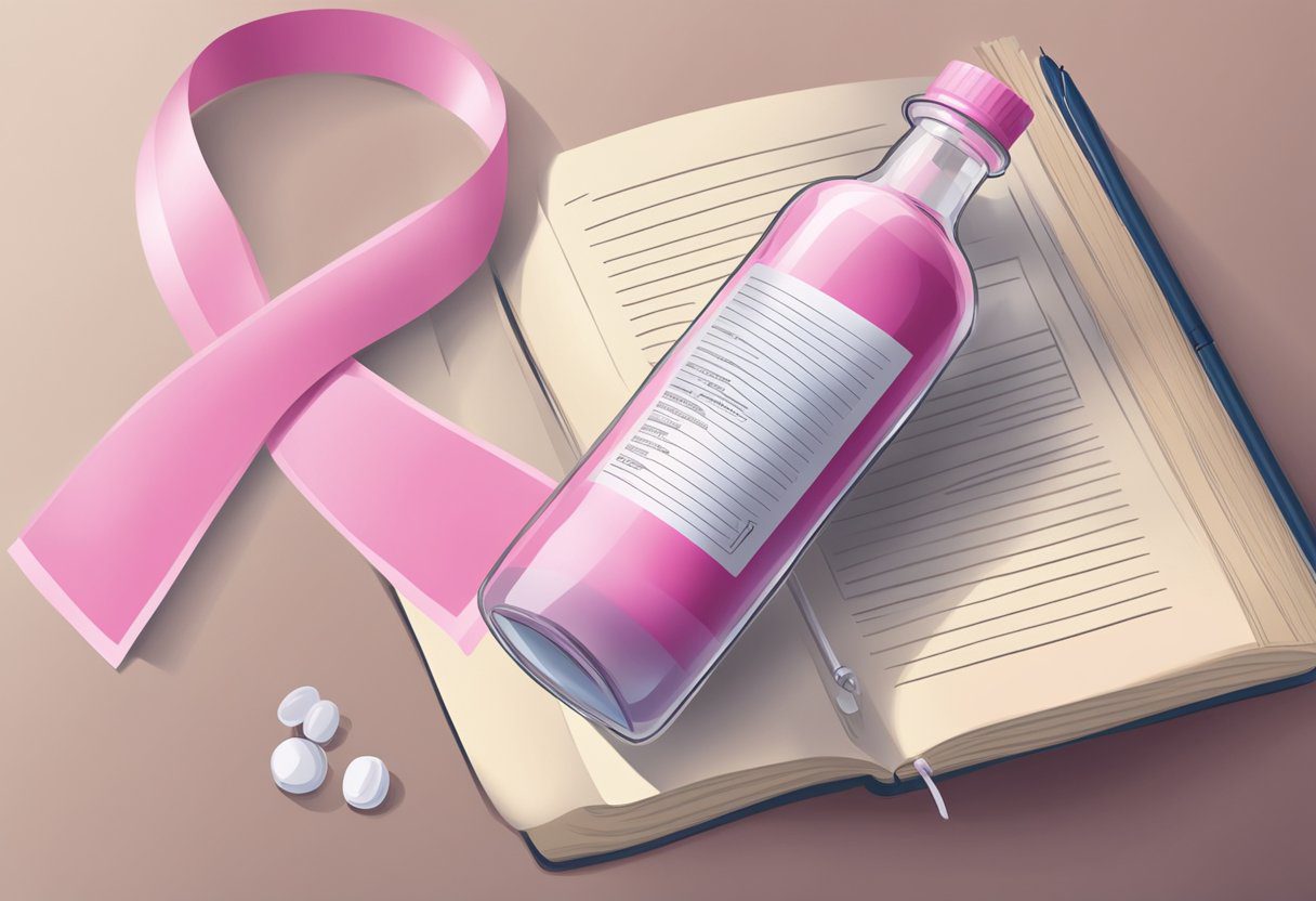 A bottle of spironolactone next to a breast cancer awareness ribbon, with a medical journal open to a page discussing the link between the medication and breast cancer
