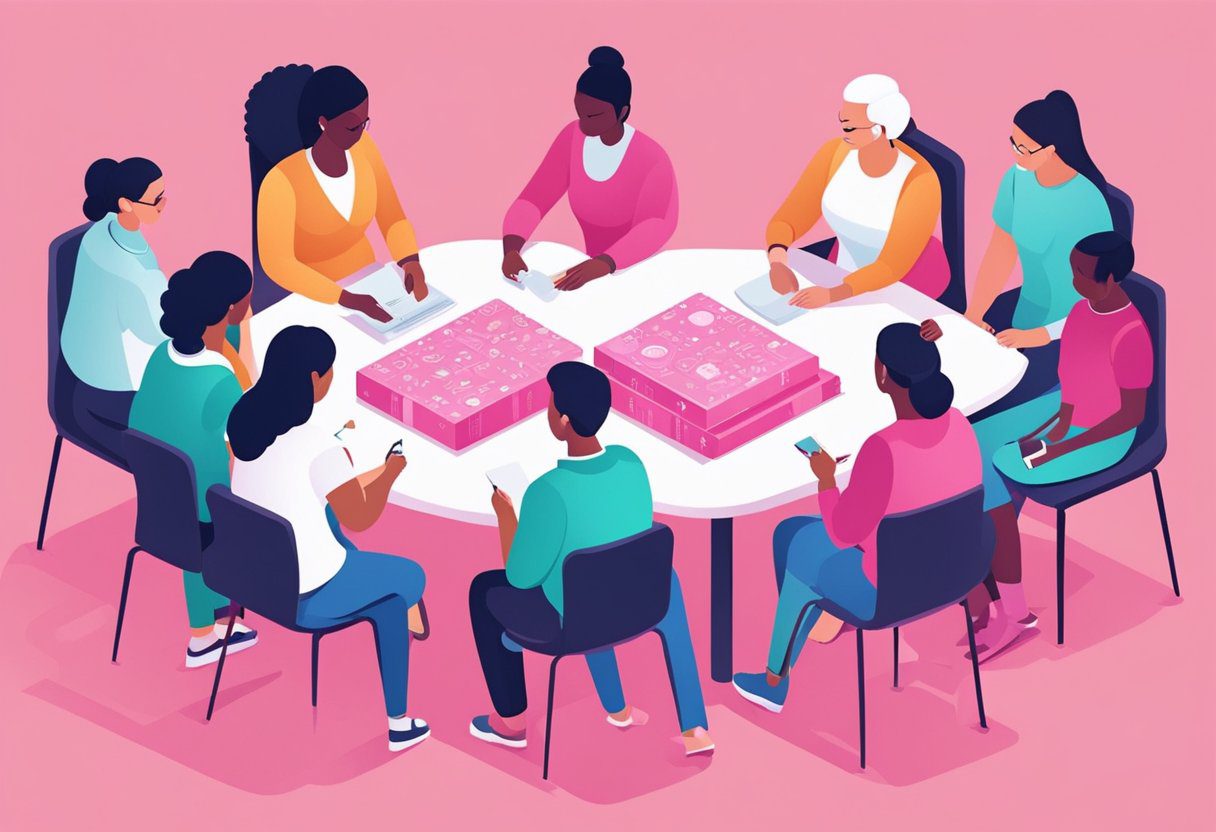 A diverse group of people gather around a table, sharing resources and support materials for triple-negative breast cancer (TNBC) patients
