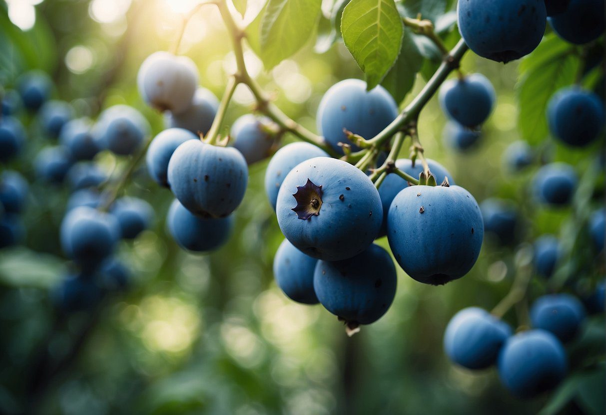 Lush landscape with scattered blue fruits in various regions