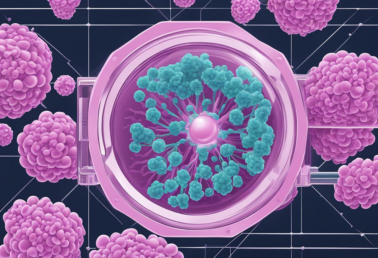 A microscope revealing the intricate details of triple-negative breast cancer cells on a glass slide