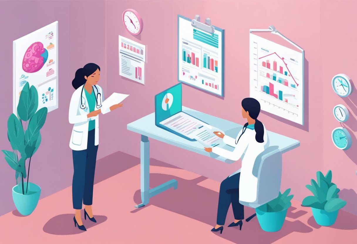 A doctor discussing treatment options with a patient, while a chart showing statistics on breast cancer overtreatment hangs on the wall