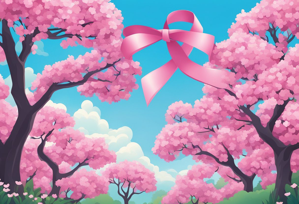 A pink ribbon draped over a tree branch, surrounded by blooming flowers and a blue sky, symbolizing breast cancer awareness