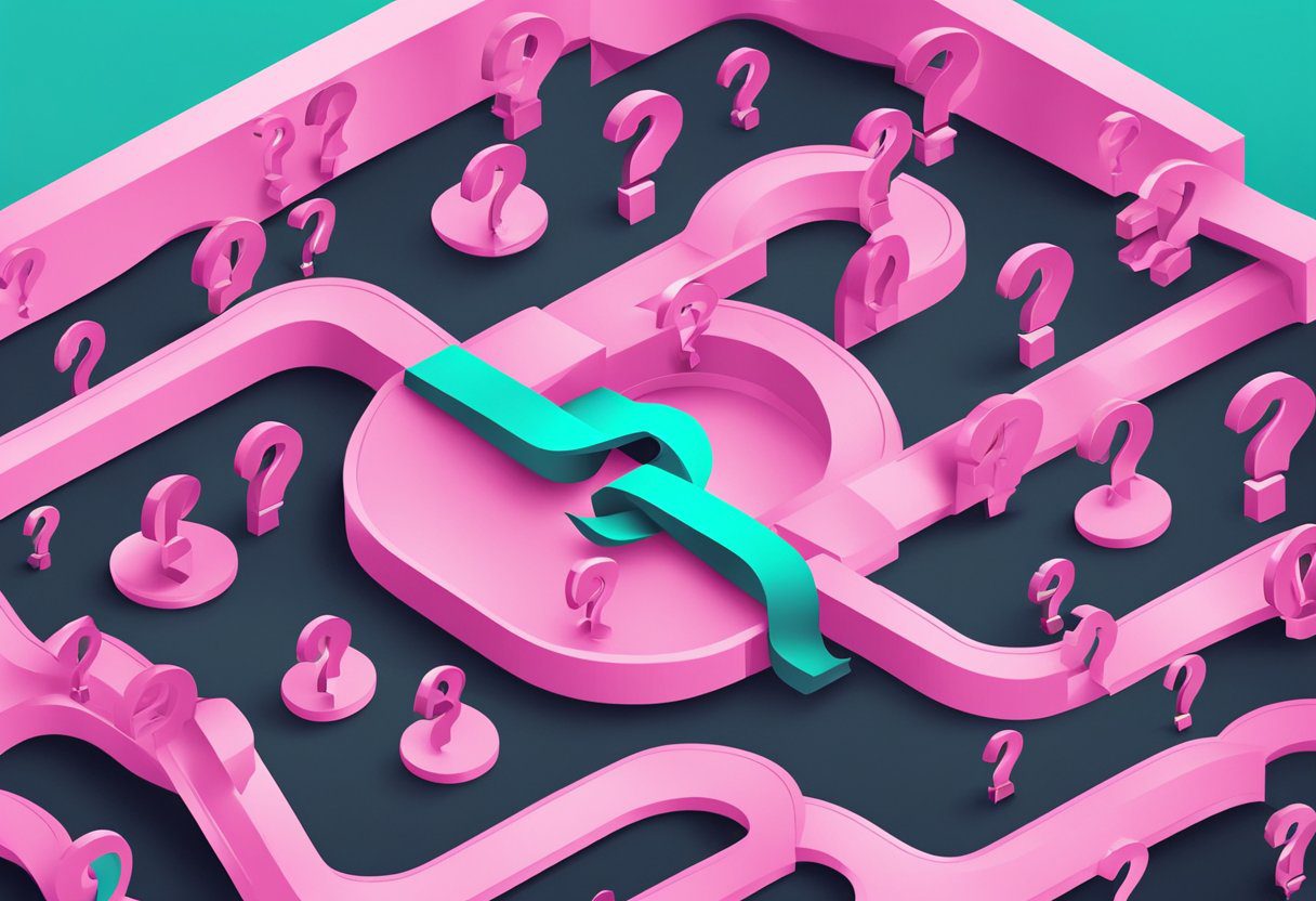 A pink ribbon surrounded by question marks, representing FAQs about breast cancer