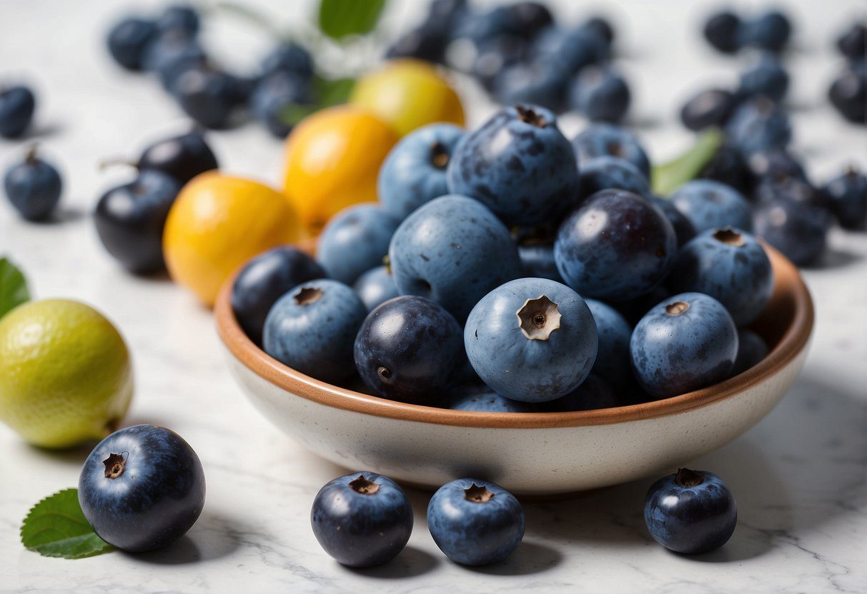 A pile of assorted blue fruits arranged on a white surface with a "Frequently Asked Questions" sign in the background