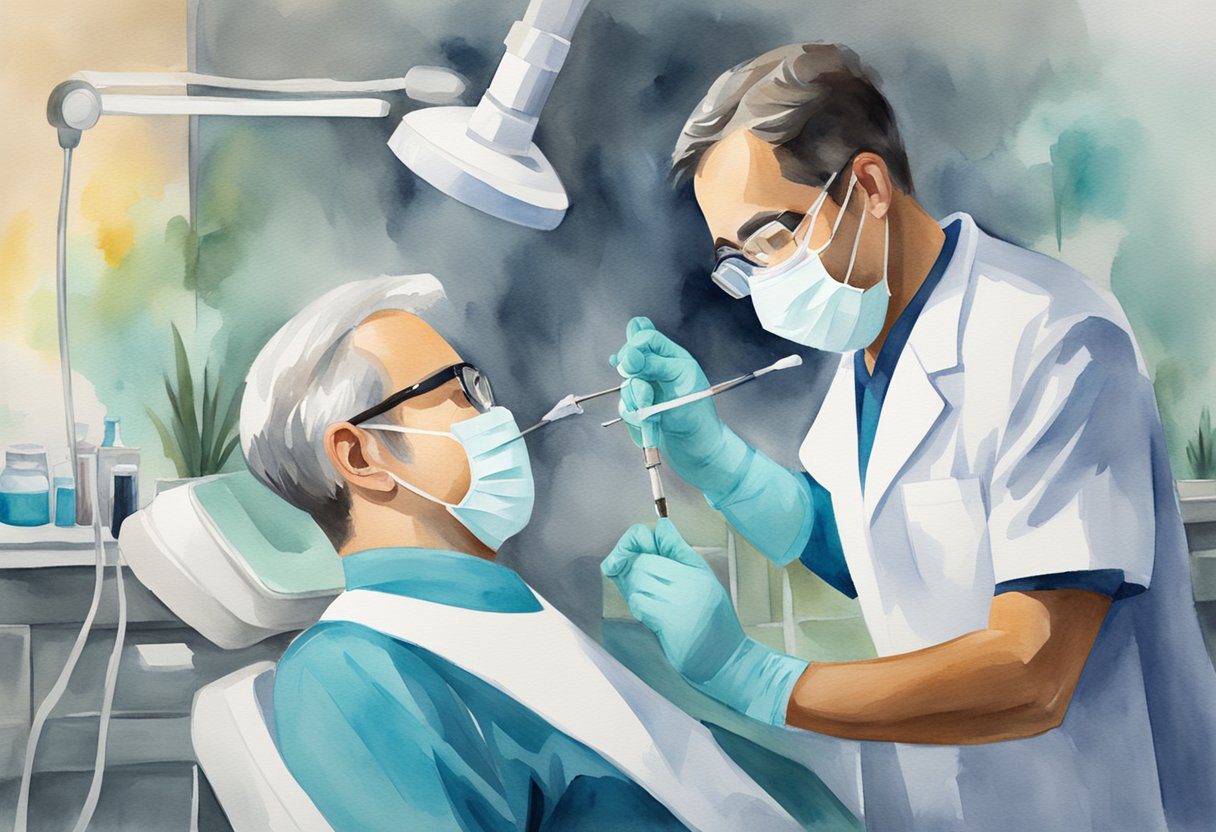 A dentist carefully performs root canal therapy on a tooth, using specialized tools and equipment