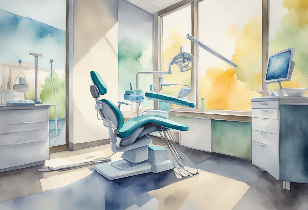 A dentist's chair with dental tools and an x-ray machine in a modern dental office
