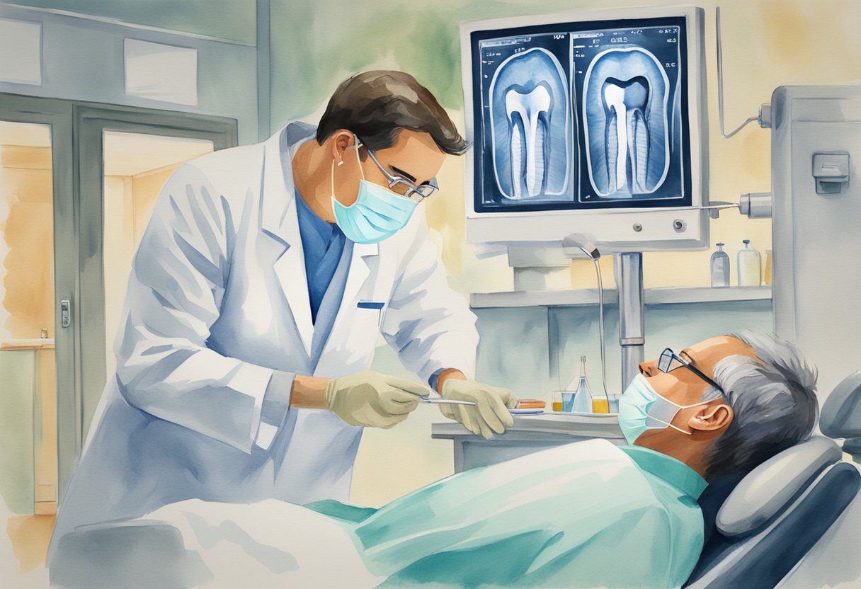 A dentist performing a root canal procedure while a patient looks concerned. An x-ray of the tooth and a chart showing potential links between oral health and cancer are displayed in the background