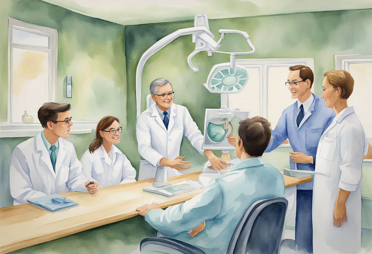 A dentist confidently explains to a group of concerned patients that root canals do not cause cancer, using visual aids and scientific evidence to support their claims