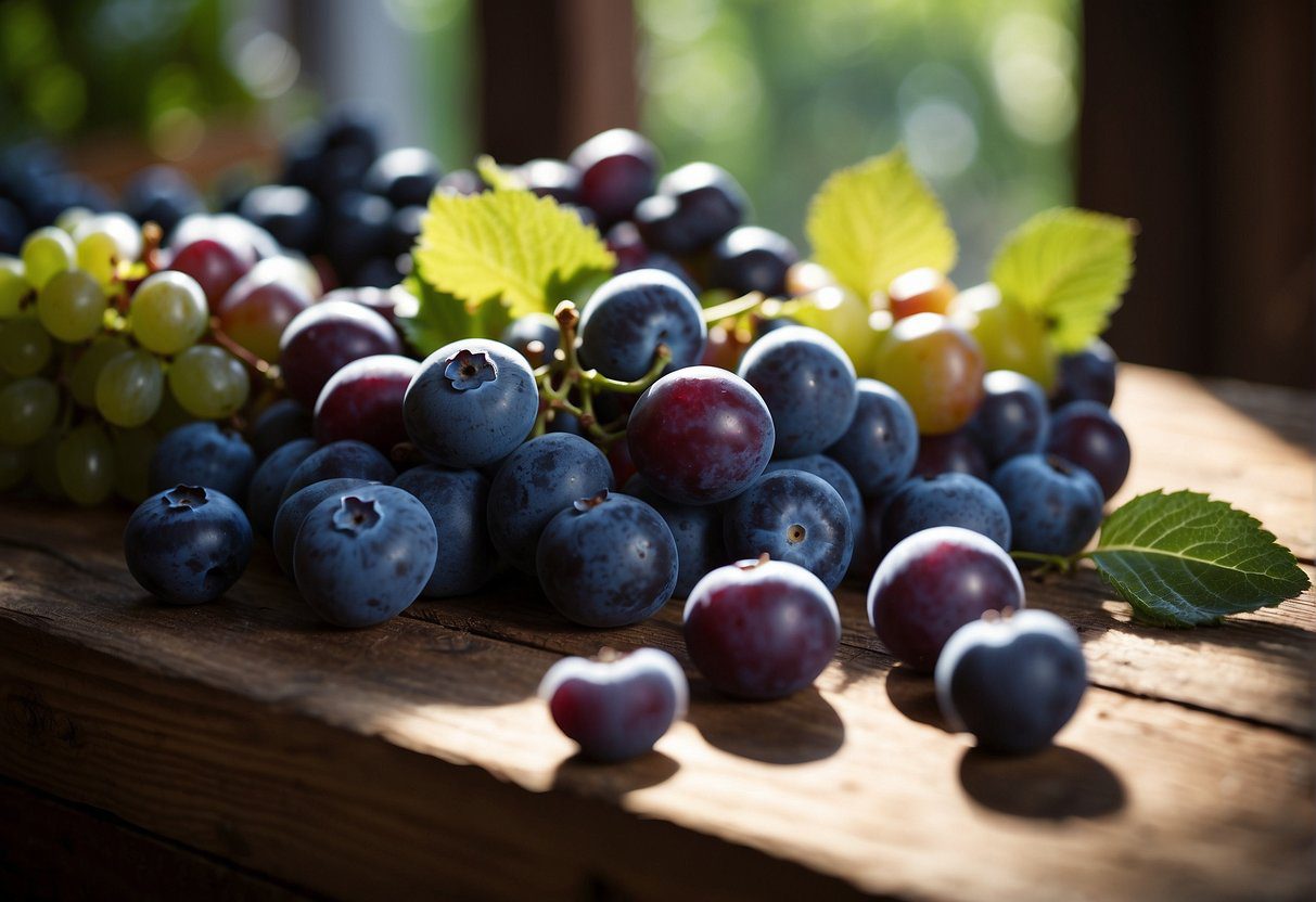 A collection of blue fruits, such as blueberries, grapes, and plums, arranged on a rustic wooden table with dappled sunlight streaming through a nearby window