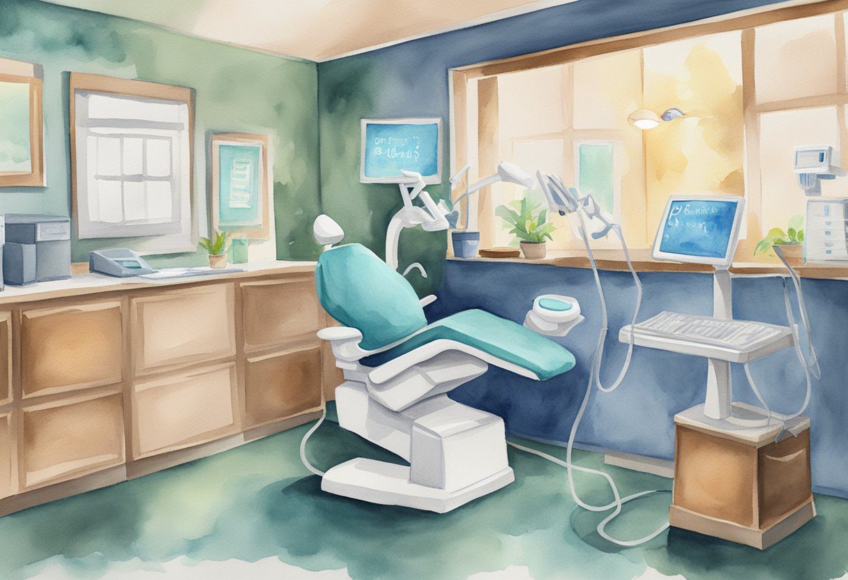 A dentist's office with a sign reading "Frequently Asked Questions: Does root canal cause cancer?" displayed on a computer screen