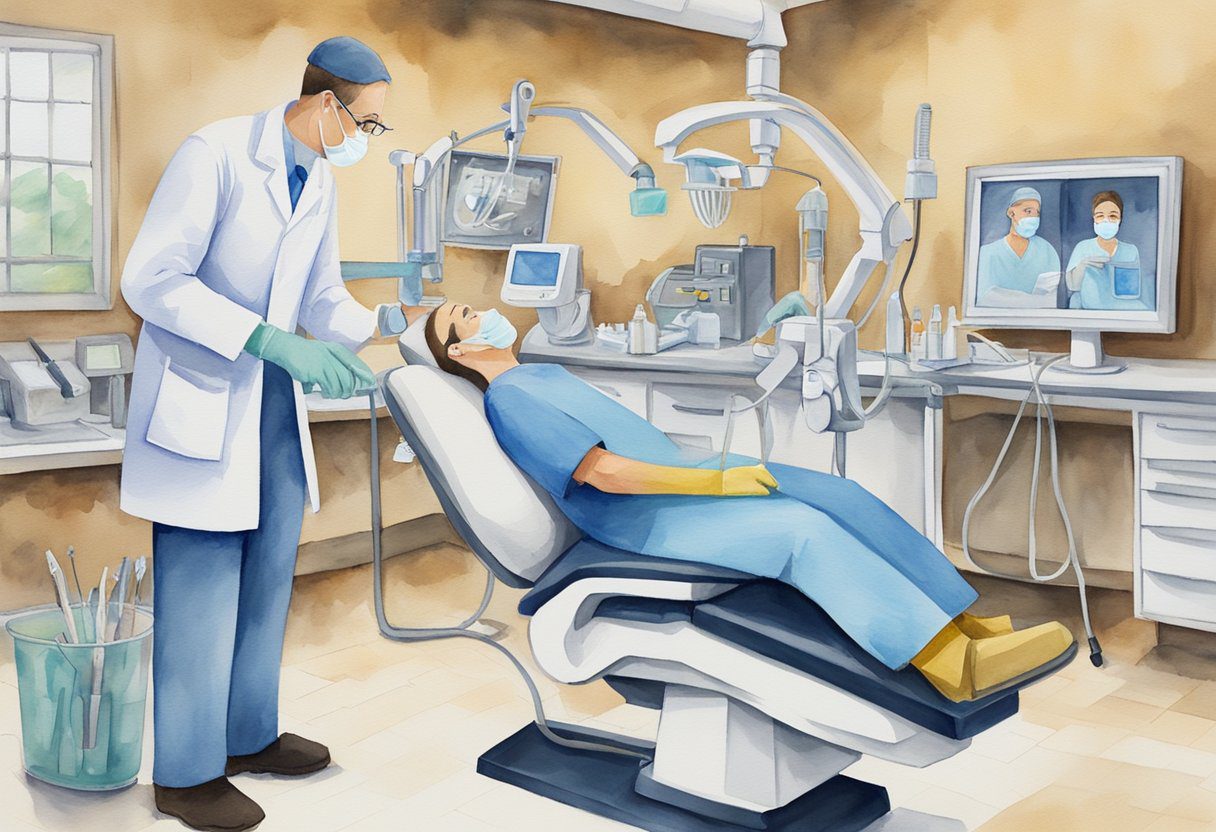A dentist performing a root canal on a tooth, surrounded by medical equipment and tools. A sign in the background reads "Myths and Facts About Root Canals and Cancer."