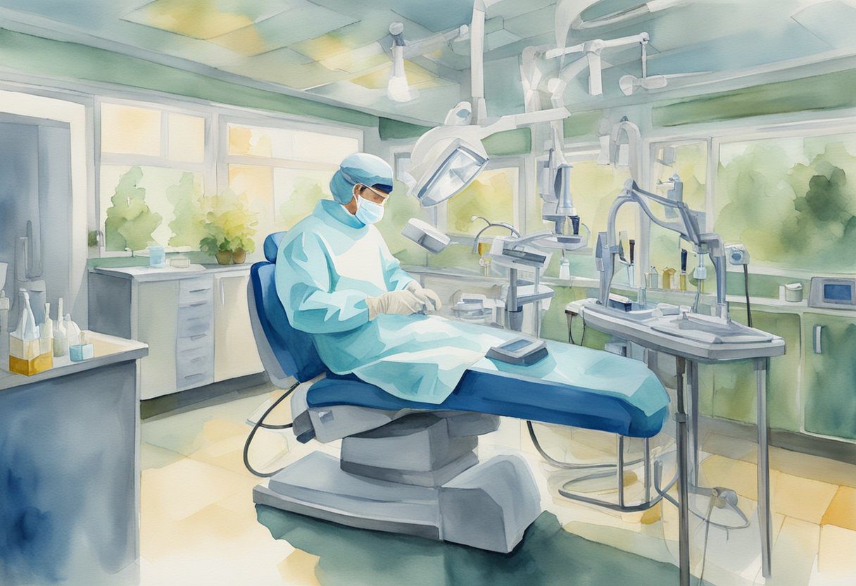 A dentist in protective gear performs a root canal procedure, surrounded by sterilized instruments and equipment in a clean and organized environment
