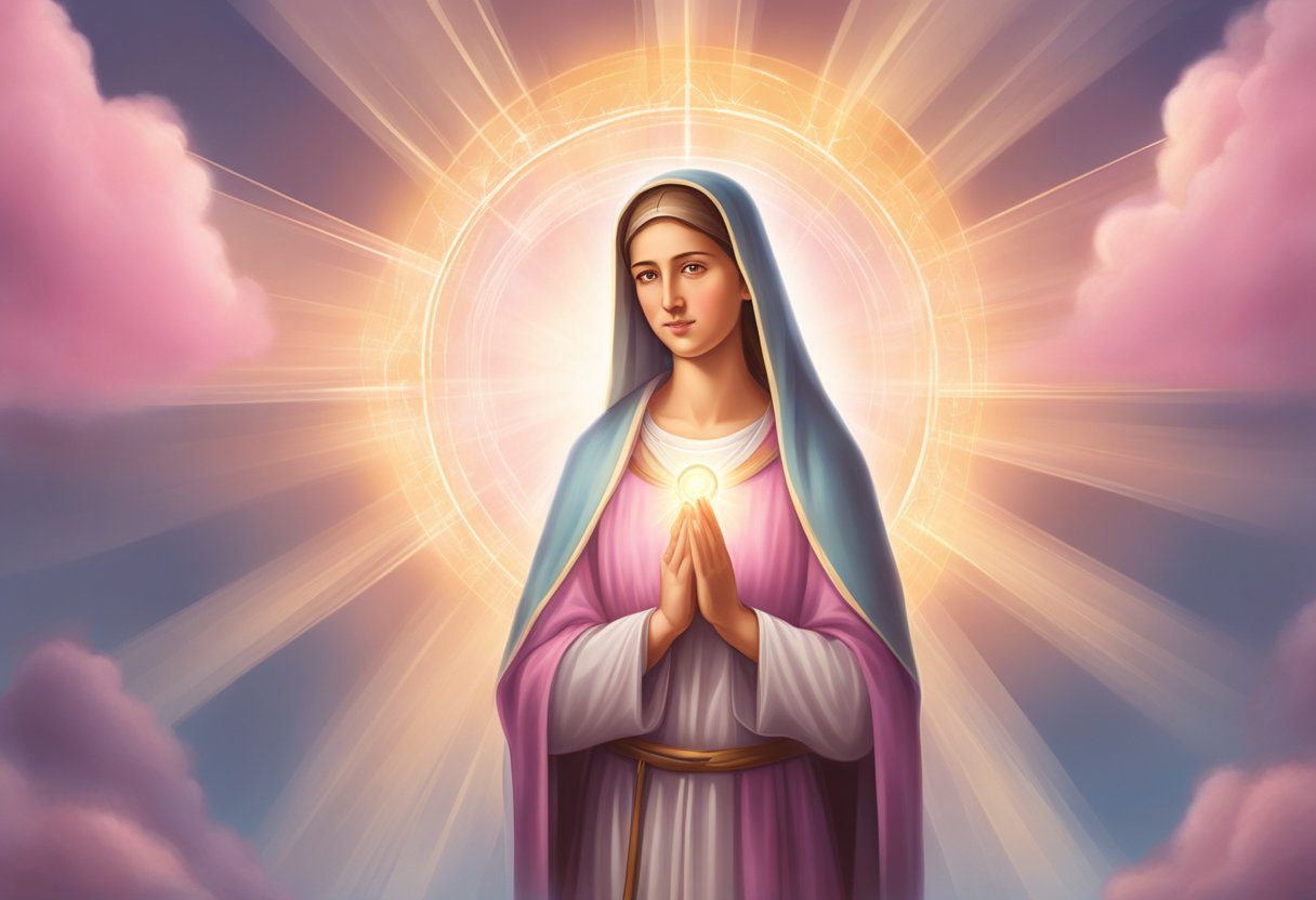 St. Agatha stands with a serene expression, holding a symbol of breast cancer awareness, surrounded by rays of light and a sense of hope and healing