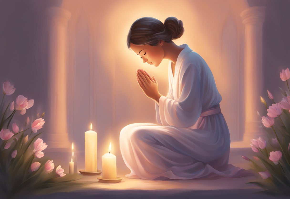 A serene figure kneels in prayer, surrounded by soft candlelight and a gentle glow, seeking comfort in the face of breast cancer