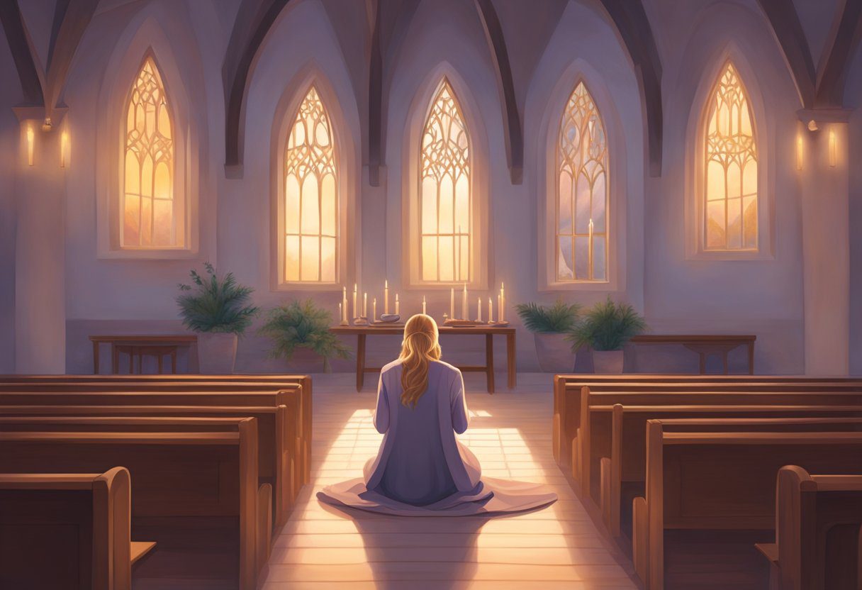 A woman kneels in a peaceful chapel, surrounded by soft candlelight, as she prays for healing from breast cancer. The room is filled with a sense of hope and faith