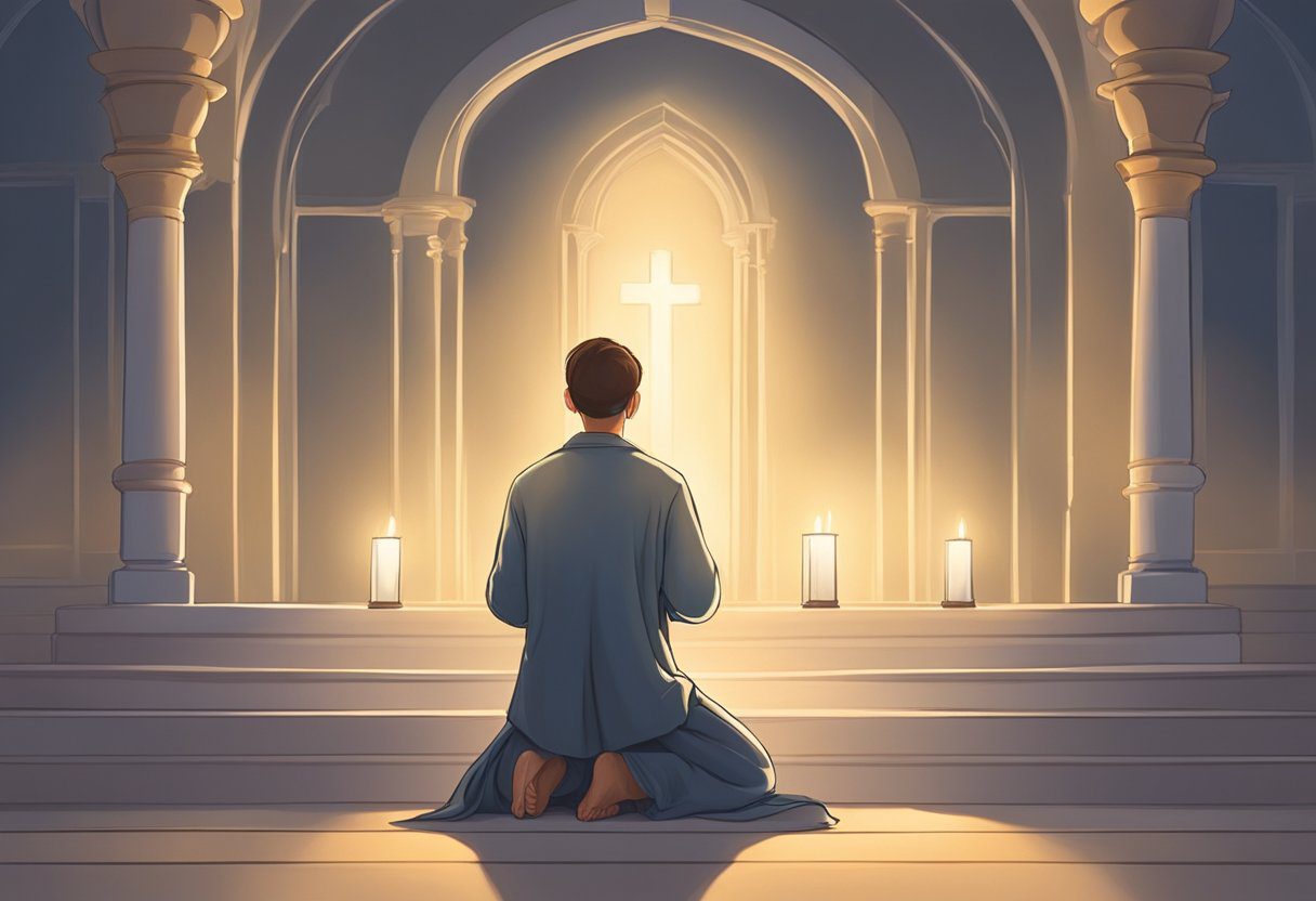 A peaceful figure kneeling in prayer, surrounded by soft candlelight and a gentle glow, with a sense of hope and comfort emanating from the scene