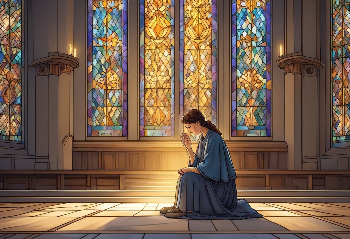 A woman kneels in a peaceful church, head bowed in prayer, surrounded by soft candlelight and the gentle glow of stained glass windows