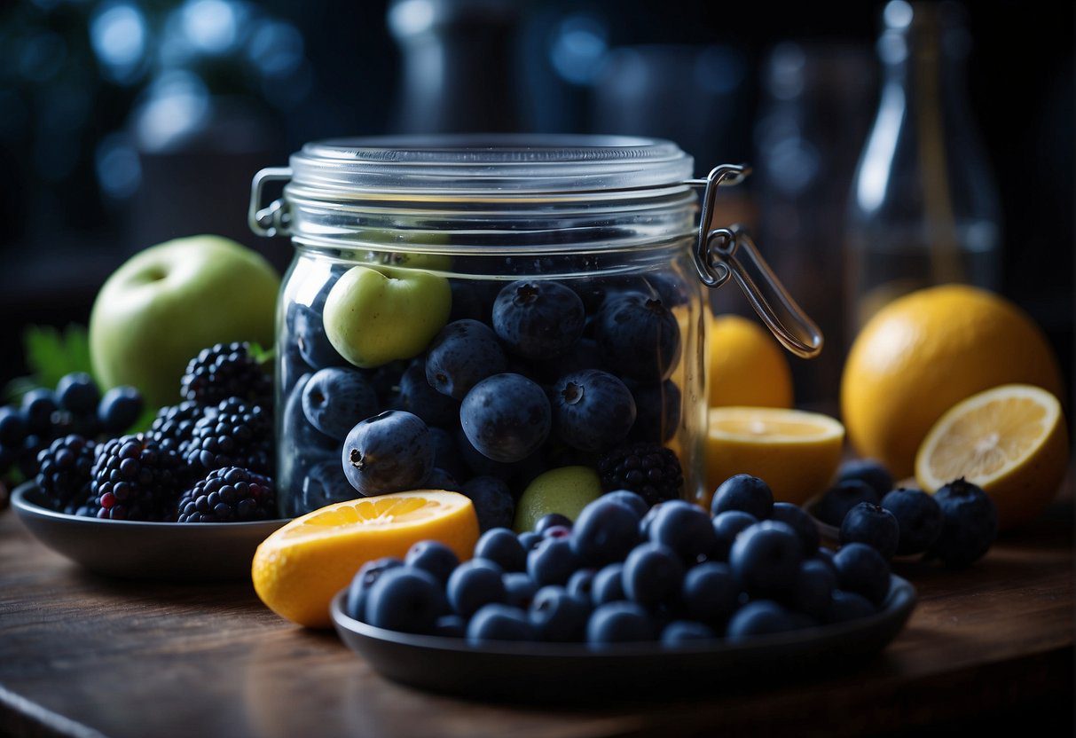 Blue fruits are carefully placed in airtight containers for preservation. The containers are stored in a cool, dark room to maintain freshness