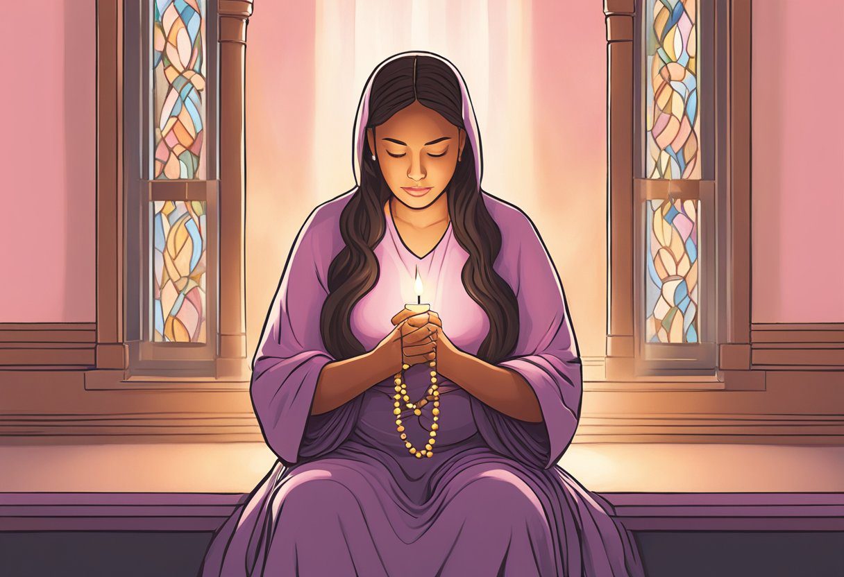 A woman sits in a quiet room, eyes closed in prayer, holding a rosary in her hands. A soft glow from a candle illuminates the space as she seeks comfort and strength in her Catholic faith during her battle with breast cancer