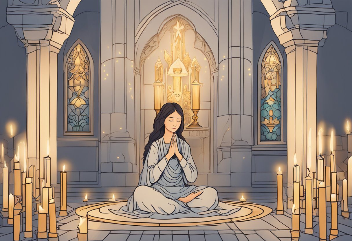 A woman sits in prayer, surrounded by soft candlelight and comforting religious symbols