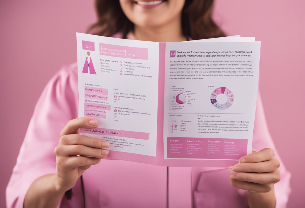 A nurse holds a pamphlet on breast cancer, pointing to diagrams of self-breast exams and healthy lifestyle choices. A pink ribbon symbol is prominently displayed