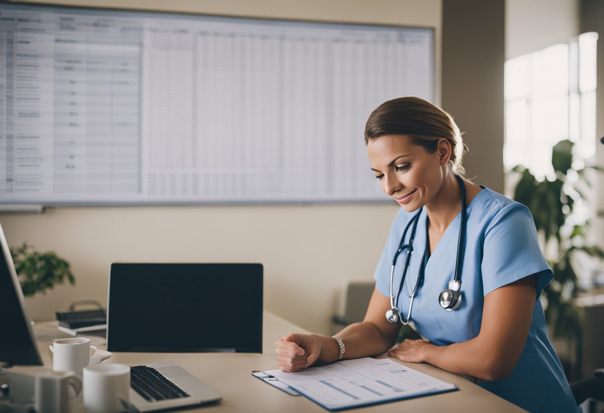 A nurse providing education and support to a breast cancer patient, surrounded by medical charts and resources