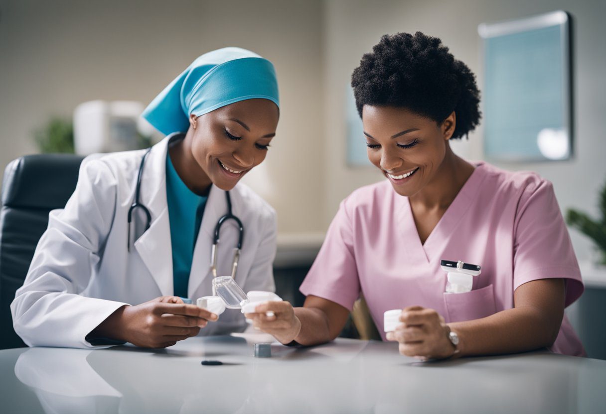 A nurse preparing medication and providing emotional support to a breast cancer patient