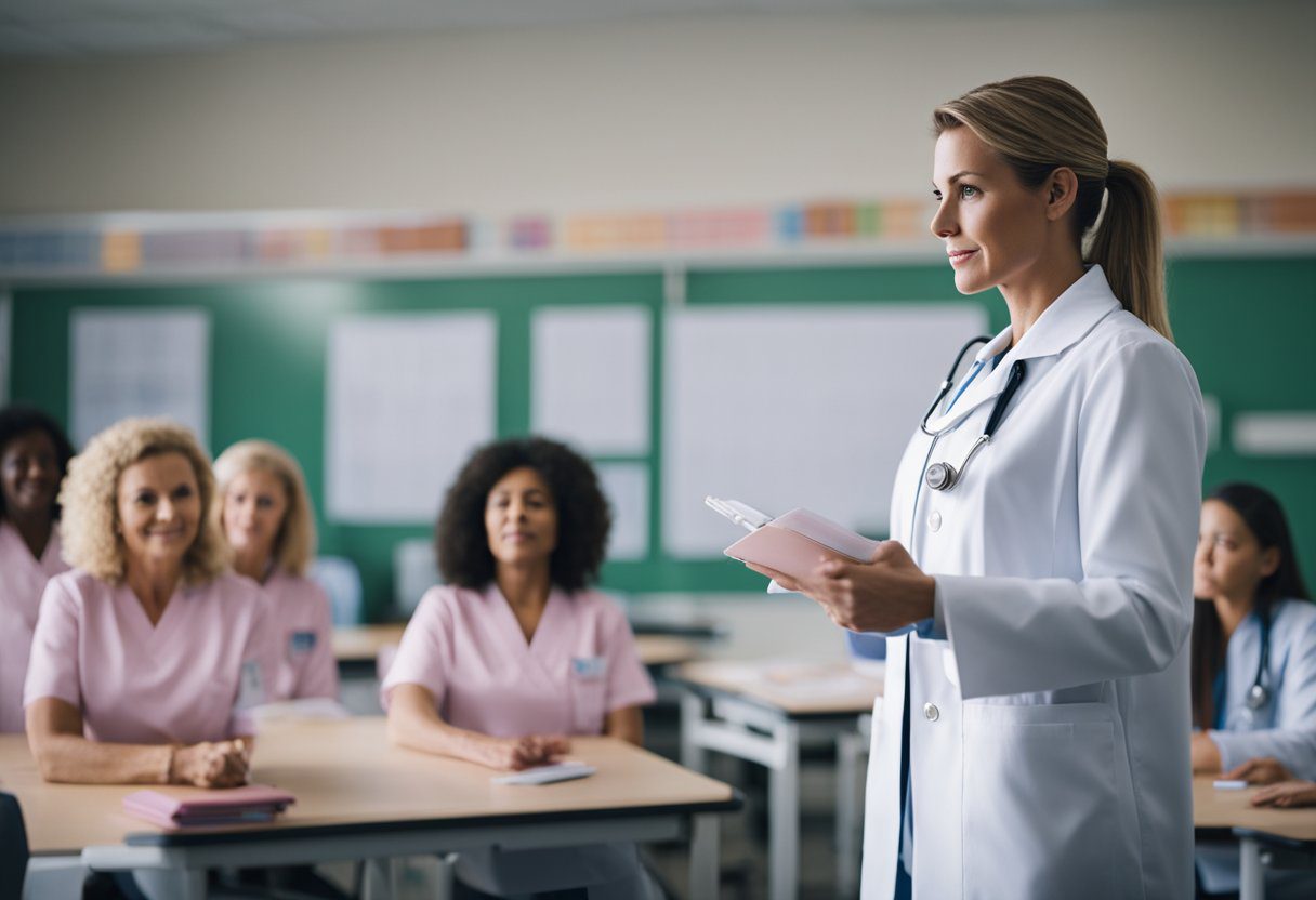 A nurse teaching breast cancer interventions in a classroom setting