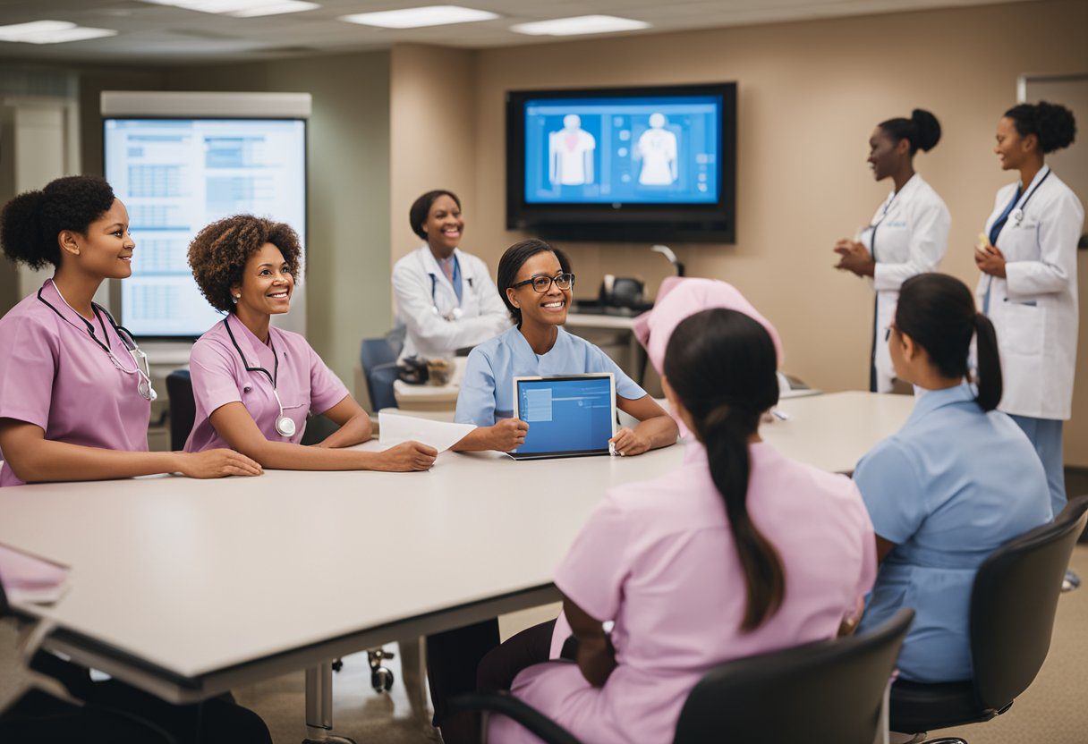 A nurse educates a group on breast cancer prevention methods