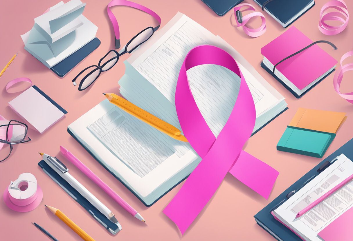 A pink ribbon symbolizing breast cancer awareness, surrounded by supportive messages and legal documents