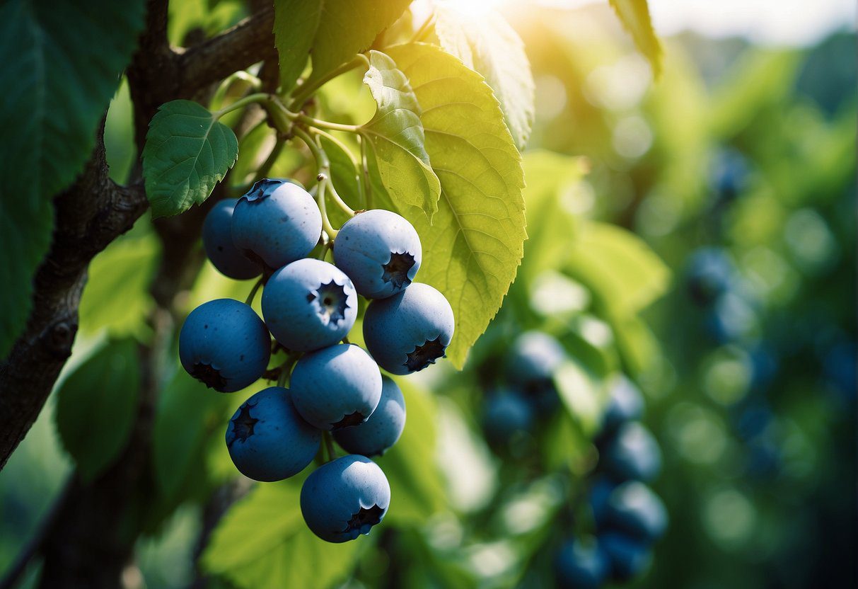 Lush green vines twist and climb, bearing clusters of vibrant blue fruits in the warm sunlight